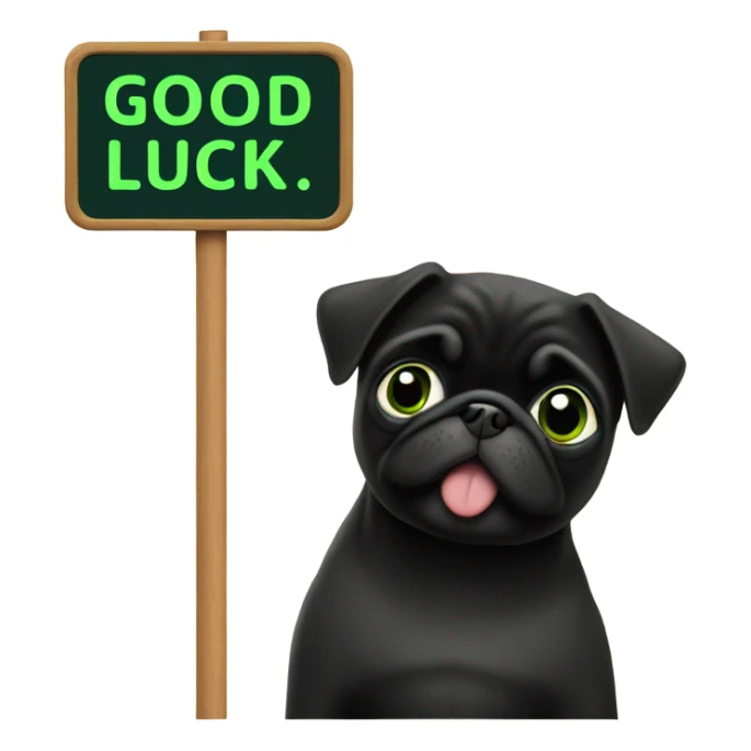 Black pug holding a green sign that says good luck  sticker