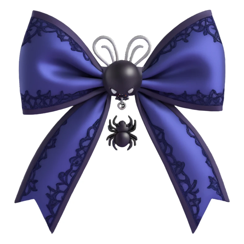 3D emoji gothic bow, dark indigo satin, black lace overlay, silver spider charm, moody and elegant sticker