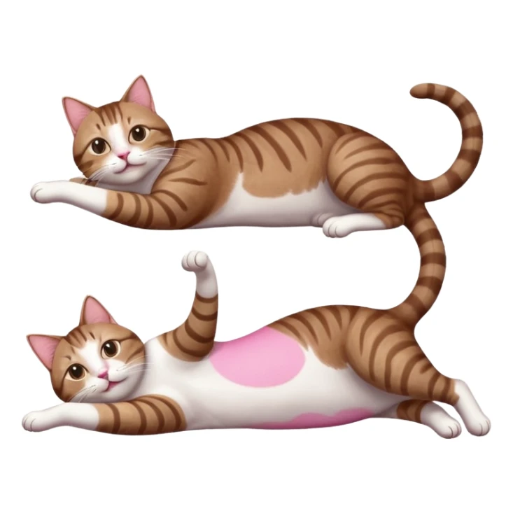 brown tabby and white cat with doing a big extremely long stretch reaching up into the air with arms and legs side by side together straight and overextended whilst lying on its side sticker