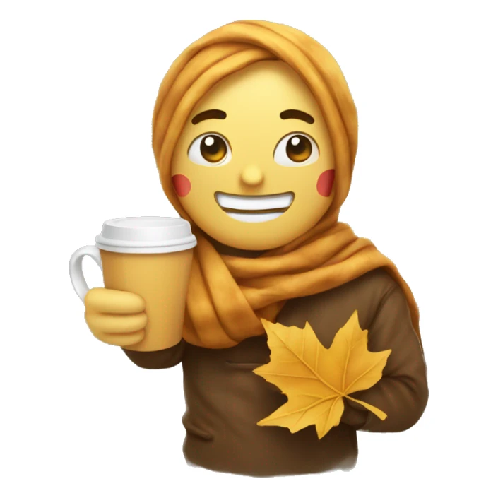 Smiling holding back tears emoji with scarf holding coffee and fall leaf sticker