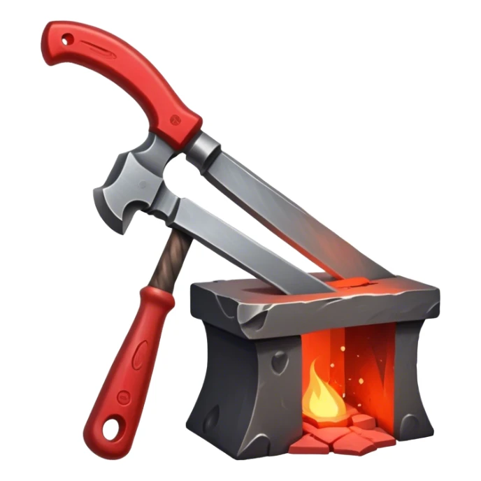 Blacksmithing icon, forged metal piece being shaped with hammer and anvil, glowing red-hot metal, blacksmith tools like tongs and chisel, sparks flying, minimalistic style, clean lines, transparent background. sticker