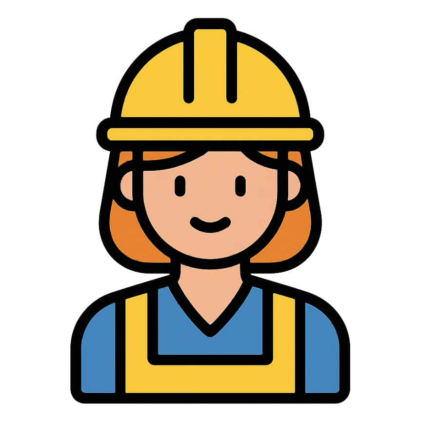 color outline icon of a woman construction worker with hard hat, simple lines sticker
