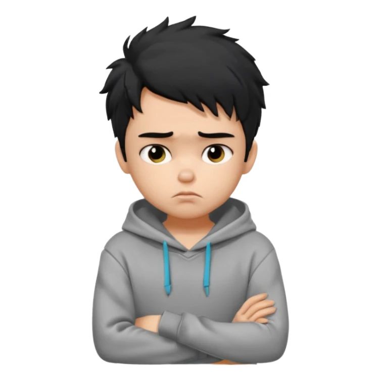 generate a pretty fair bratz boy with black messy hair looking sad with one hand on chin.  Wearing a grey hoodie sticker