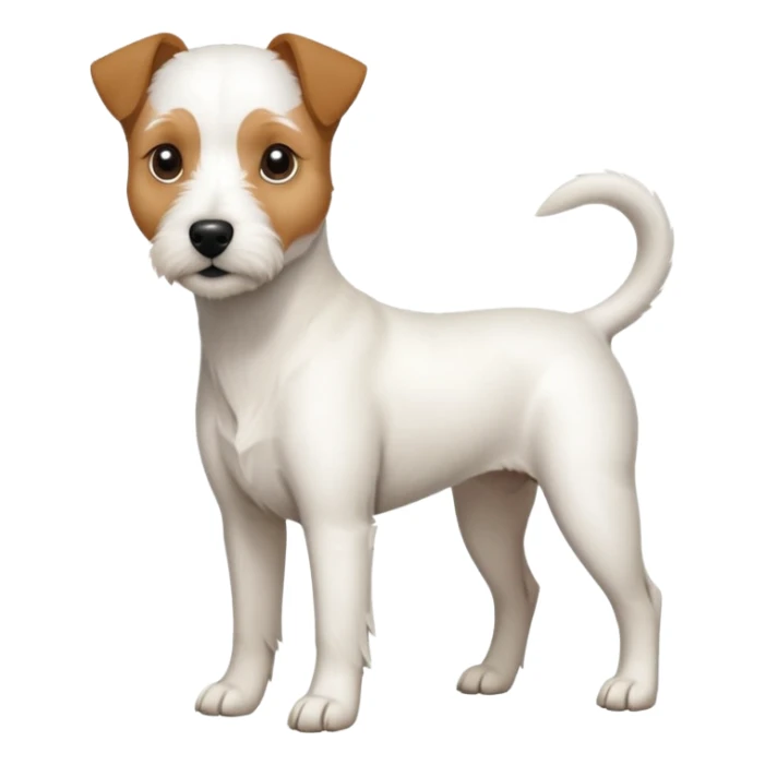 a full body slightly chubby white parson russell terrier looking dog the size of a kelpie with light brown long ears and a light brown patch on one eye and a large snout sticker
