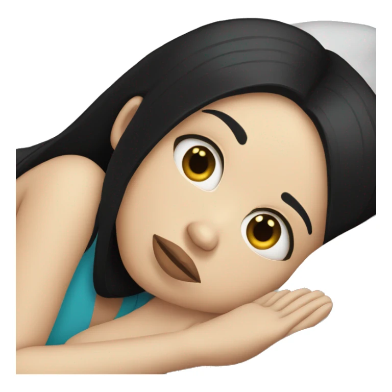 white girl with straight black hair laying down on a pillow sticker