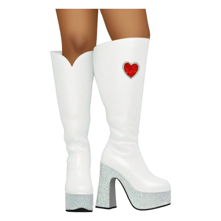 glittery white knee high platform gogo boot with a sparkly bedazzled cutout heart on the side sticker