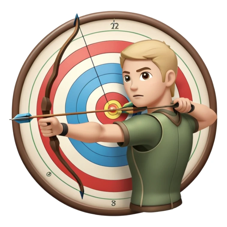 An archer drawing a bow and aiming an arrow at a target, with perfect focus and precision. The target is visible in the background, featuring concentric rings. The scene captures the concentration and skill involved in archery, emphasizing the elegance and accuracy of the sport. sticker