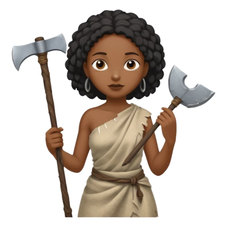 ancient black girl, tattered leaf cloth, hold broken stone ax sticker