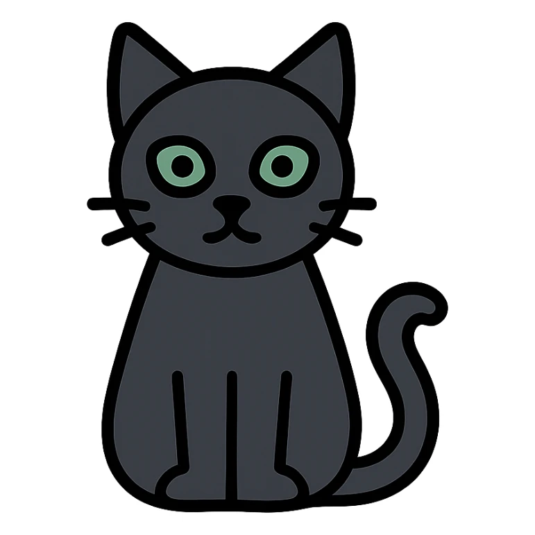 a single all-black cat with green eyes, minimalistic and modern sticker