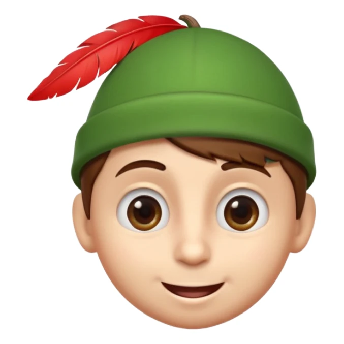 A cute 3D emoji head of a mischievous cartoon boy, fair skin, big expressive eyes, thick eyebrows, smiling with a slightly open mouth, brown hair, wearing a green pointed cap with a red feather, smooth sticker