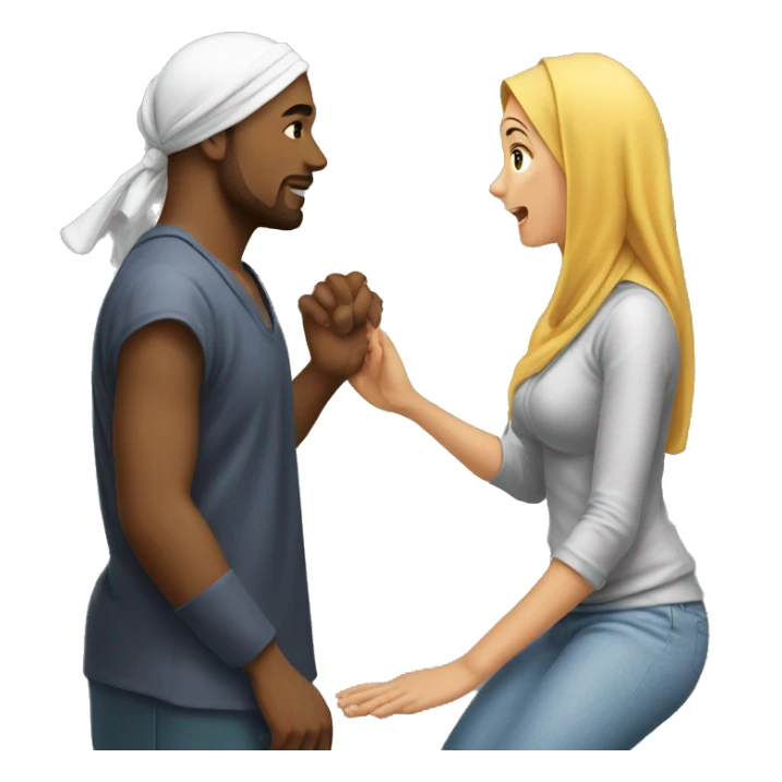 Man on knees facing woman wearing durag sticker