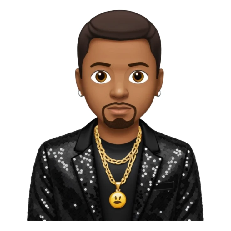 Keith Sweat (b.1961) with dark brown hair, black sequin jacket, black shirt with necklace sticker