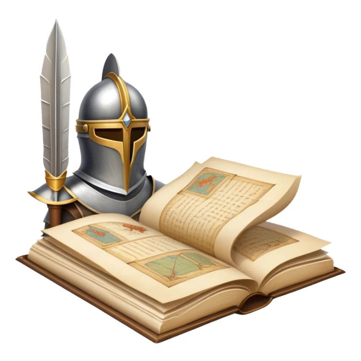 Icon for Historical Fiction Reading: an open book with pages showing ancient scrolls, a quill, a knight's helmet, and a parchment map. The icon should evoke the adventure and grandeur of historical settings and storytelling. Transparent background. sticker