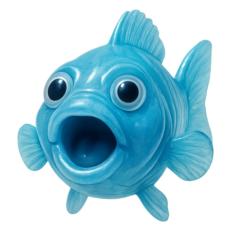 playful, stupid, derpy clear-transparent bright blue fish with mouth open, looking straight at the viewer, clear bright blue transparent body with hyper-detailed soft plastic texture reminiscent of a 90's toy, soft reflections, soft and almost squishy look, some cloudiness, not shiny, hyper-realistic, retro, highly detailed, appealing, no background sticker