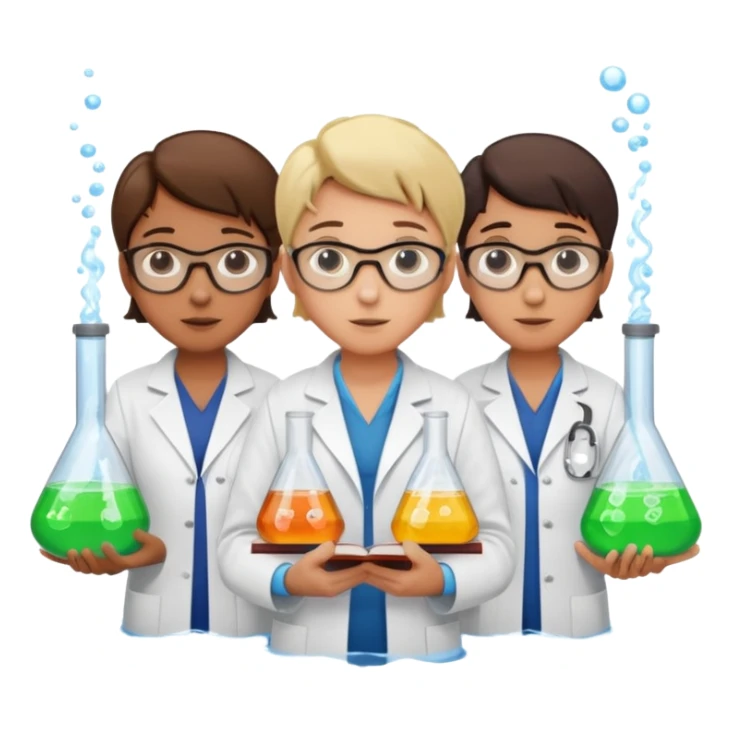 The team of scientists is waist-deep, surrounded by chemical flasks and books sticker