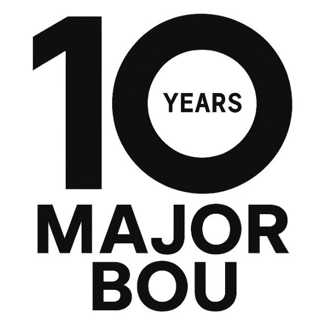 Minimalist 10th anniversary logo for Major Bou with a sleek black and white design sticker