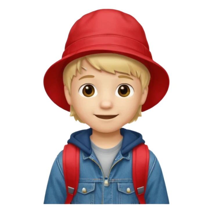 A little boy student, blonde hair, with red bucket hat, jean jacket, backpack sticker