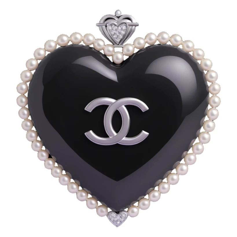 Add a diamond accent to the glossy black heart with pearls and silver Chanel logo, keep the background transparent, elegant, black and white color scheme, 3D emoji style. sticker