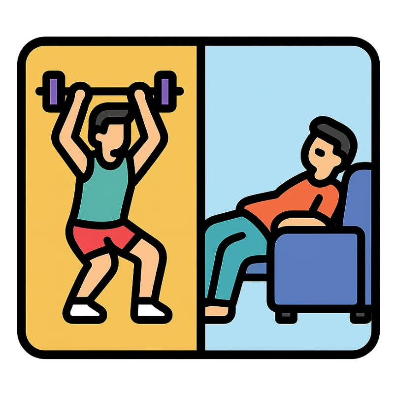 a picture devided into two parts, the first part shows a sportsman doing his workout, the second show a sportsman being lazy sticker
