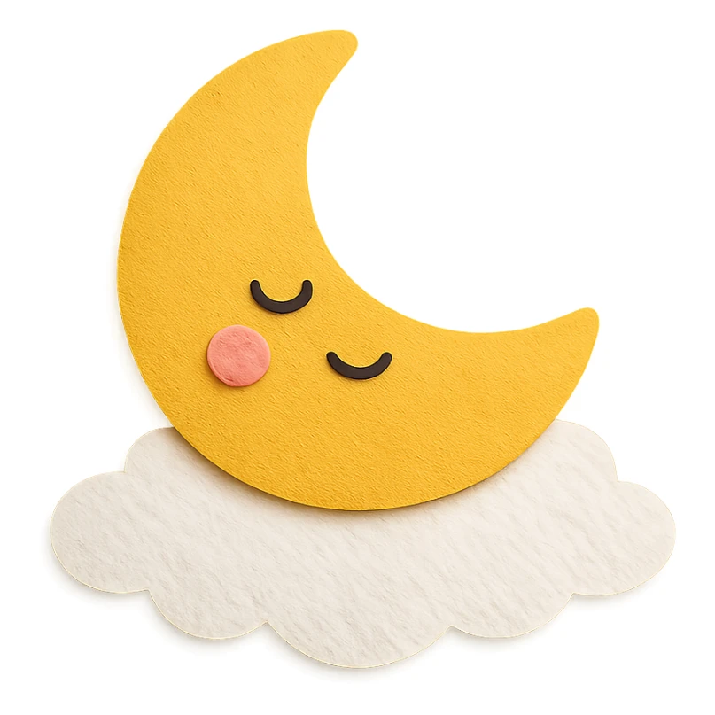 kawaii yellow moon, sleepy, resting on a white cloud pillow, no arms or legs, full body, soft pastel palette, paper craft style sticker
