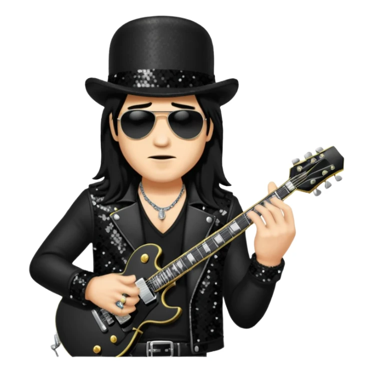 Slash from Gun n Roses with long jet black hair, black sequin outfit sticker