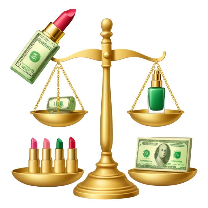gold scale with left side green dollar bills and right side beauty products lipstick and nail polish, no lips, no extra elements sticker