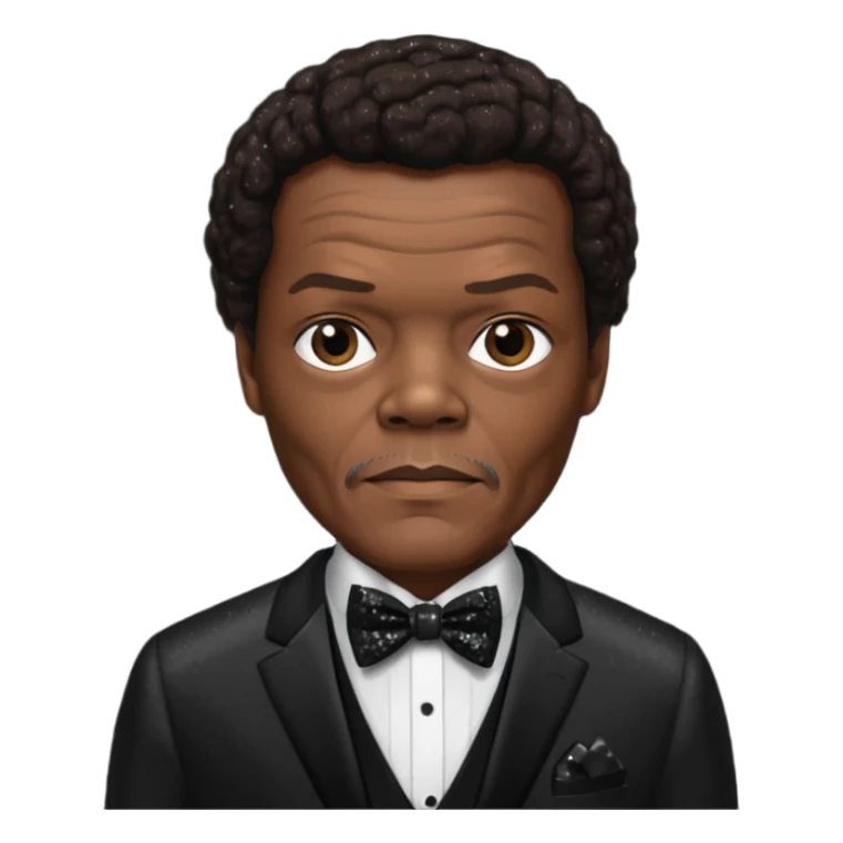  Samuel L Jackson with dark brown hair, black sequin suit with bow tie sticker