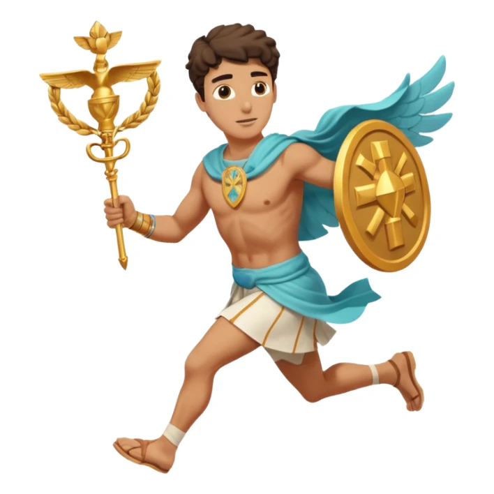 a guy (hermes) running with his caduceus and a petasos on his head in a greek tunic sticker