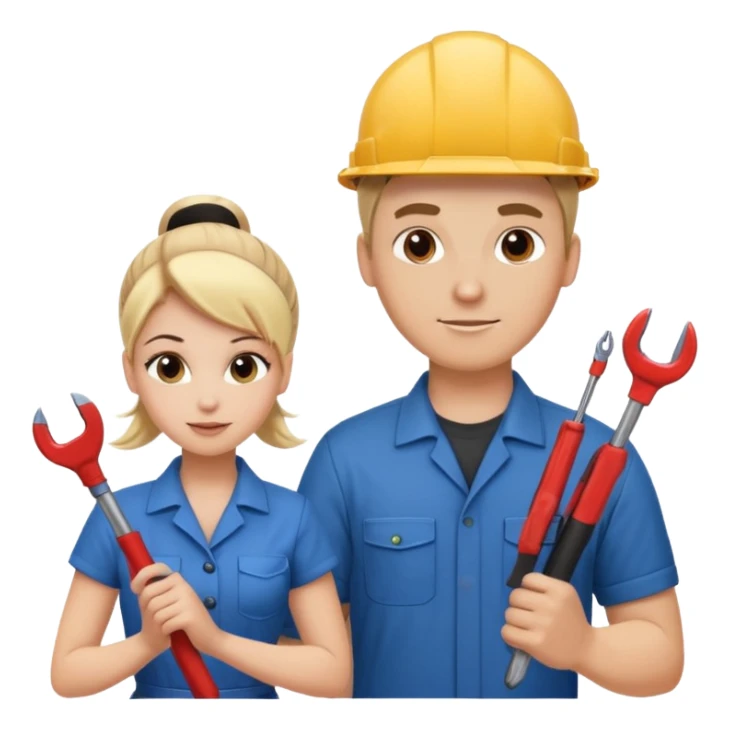 handsome White male electrician with tool and pretty blond office administrhair stylist with a bun sticker