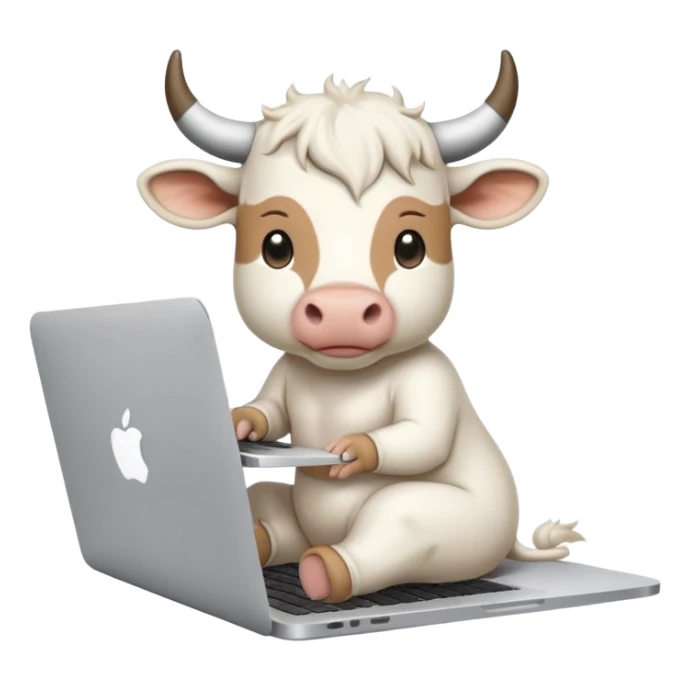baby white bull sitting in front of a macbook, working  sticker