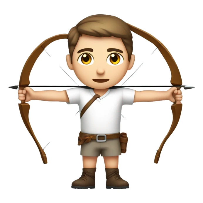 a male archer aiming with a bow facing  his target, eyes closed, wearing a white shirt, very short brown hair, bright skin, only show upper part of the body from waist up sticker