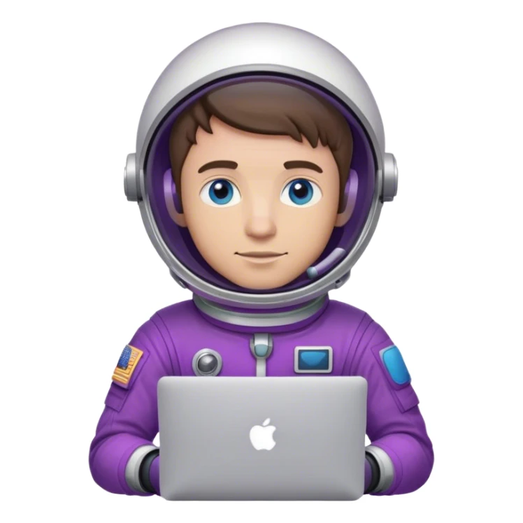 guy astronaut with purple suit, blue eyes, brown hair and one macbook sticker