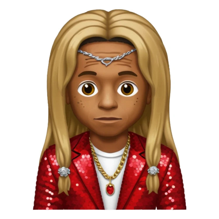 Lil Wayne with long dark blonde hair, red sequin outfit sticker