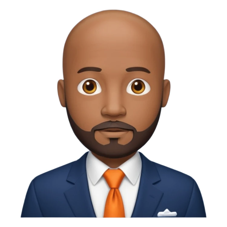 headshot of a sophisticated, stylish, bald head Caribbean black man with a beard and goatee in a navy blue suite, white shirt and dark orange tie sticker