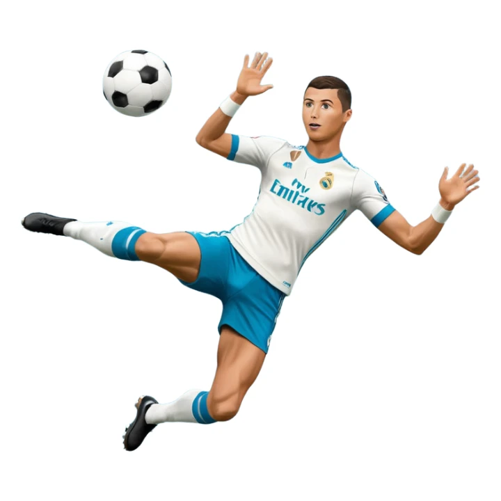 Ronaldo doing a bicycle kick with football in mid air While wearing a Retro blue Real madrid kit and yes i want it to be exactly the same as he Scored it in 2018 vs Juventus  sticker
