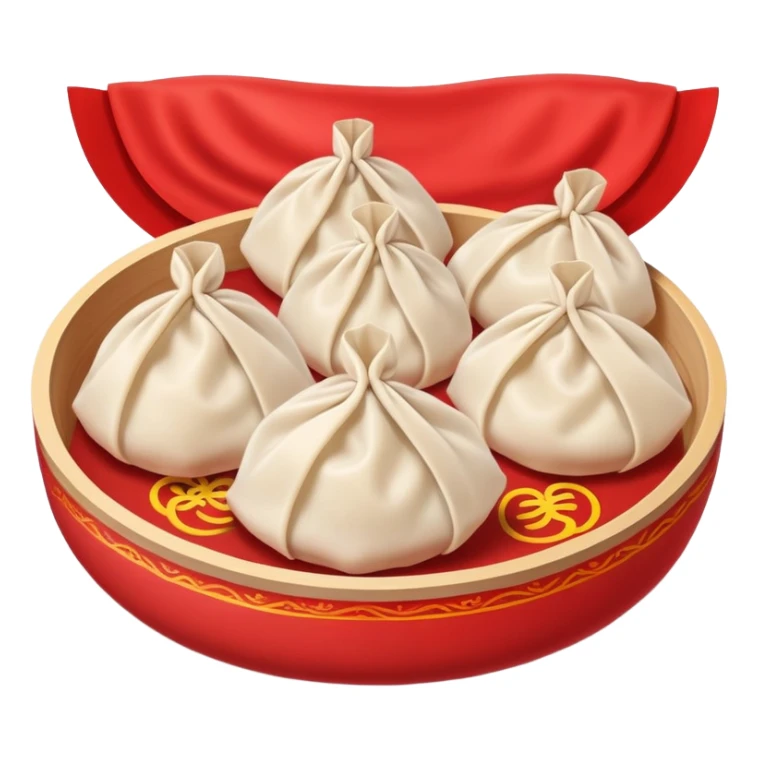 Chinese New Year dumplings Jiaozi with red background elements, simplified emoji style with bold outlines and bright colors, cartoon style festive food sticker