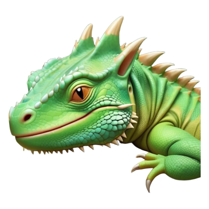 Meme-Worthy Cute Sleeping Iguana Portrait Emoji, Head resting peacefully with a contented smile, showcasing a solid, textured body with a subdued spiky crest and eyes gently closed in serene slumber, Simplified yet adorably endearing features, highly detailed, glowing with a soft, drowsy jungle light, high shine, relaxed and utterly lovable, stylized with an air of playful laziness, soft glowing outline, capturing the essence of a sleeping iguana that feels destined to become the next viral icon of adorable rest! sticker