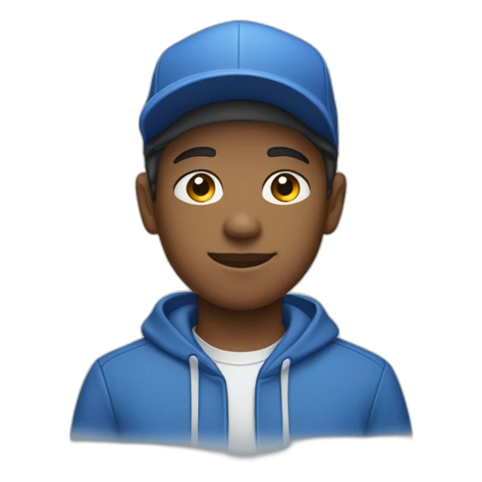 A 14-year-old man wearing blue clothes and a white hat  sticker