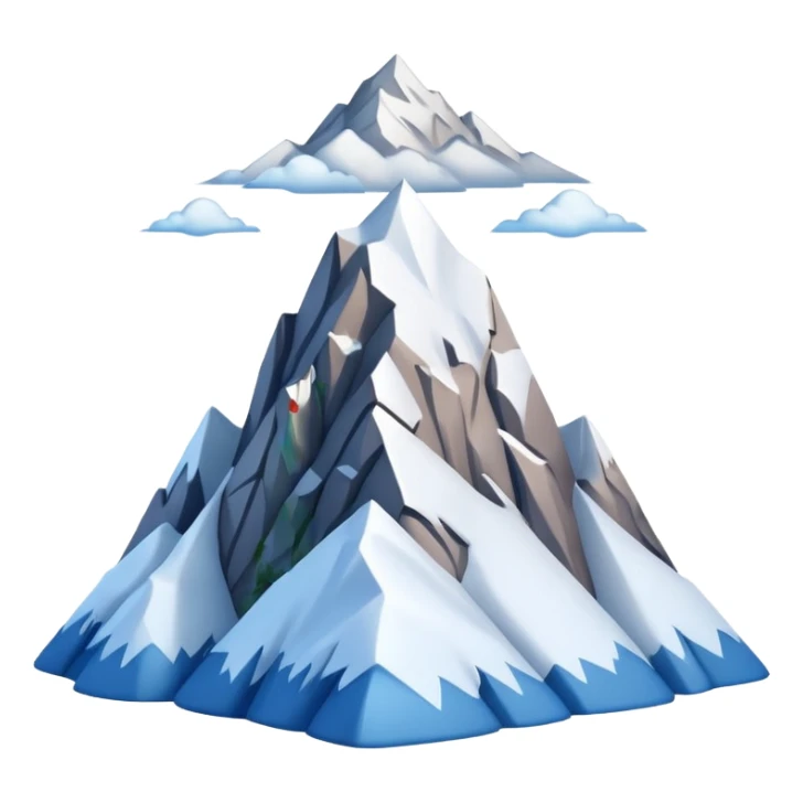 iOS-style 3D emoji: a tall mountain peak with snowy summit, steep slopes, and soft atmospheric shading, viewed from a low angle to emphasize height sticker