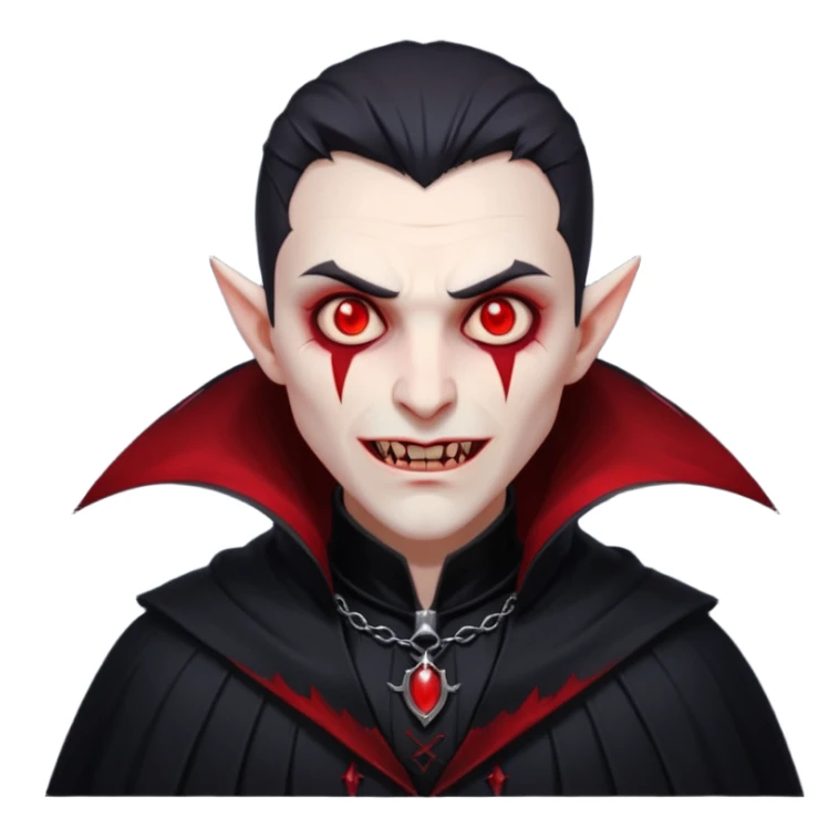 vampire village folk portrait, head and shoulders only, dark cloak collar, sharp fangs, red glowing eyes, gothic vibe, 3D cartoon, mobile game icon style, clean background, no text, no watermark

 sticker