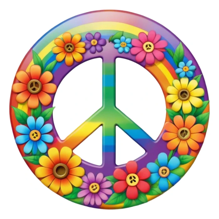 A round psychedelic colored button with the word Peace in the center surrounded by rainbow colored hippie style flowers sticker