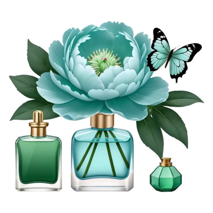 A delicate arrangement of pale blue peonies and a translucent green  butterfly near a deep green color perfume bottle.    sticker