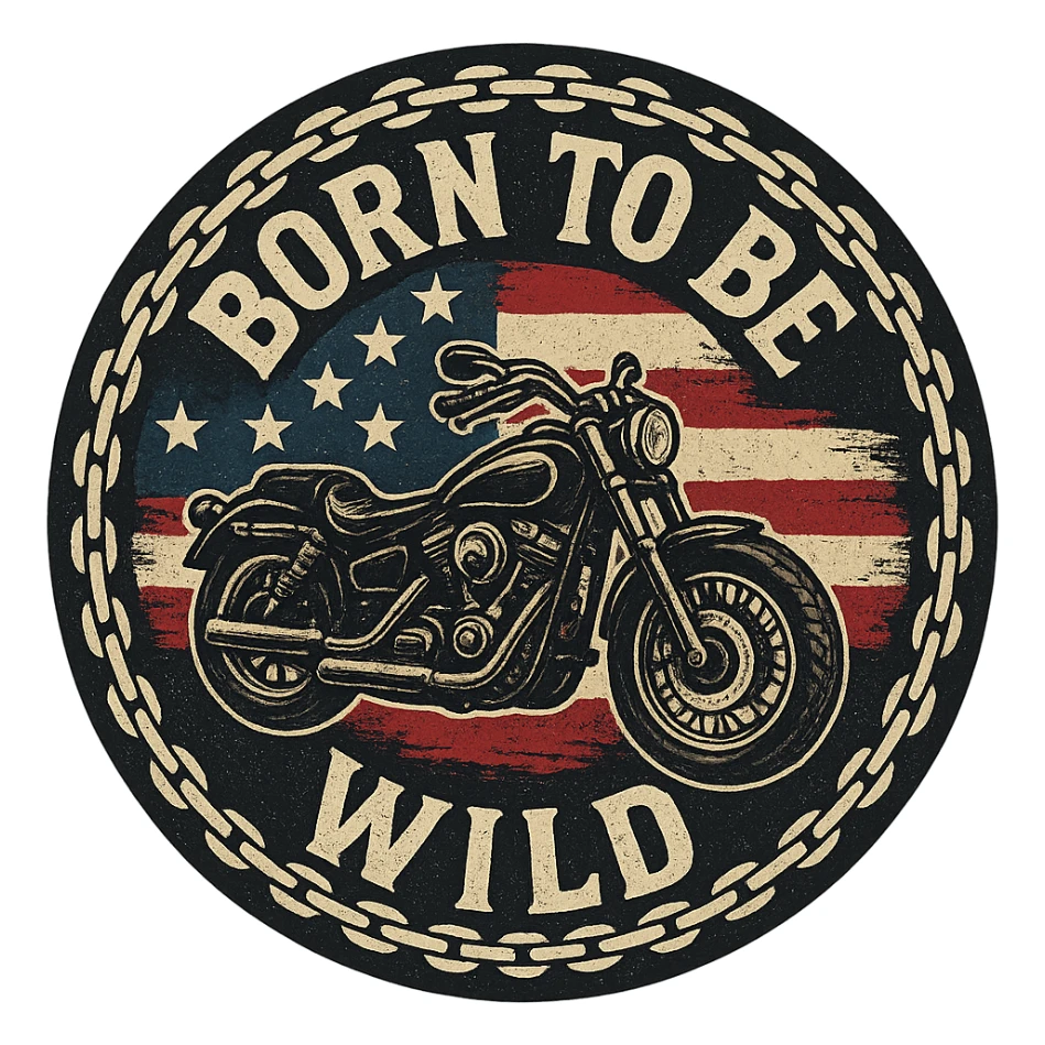 circular motorcycle cap design with transparent background, text 'Born to be wild', motif: motorcycle, chain, American flag, USA style sticker