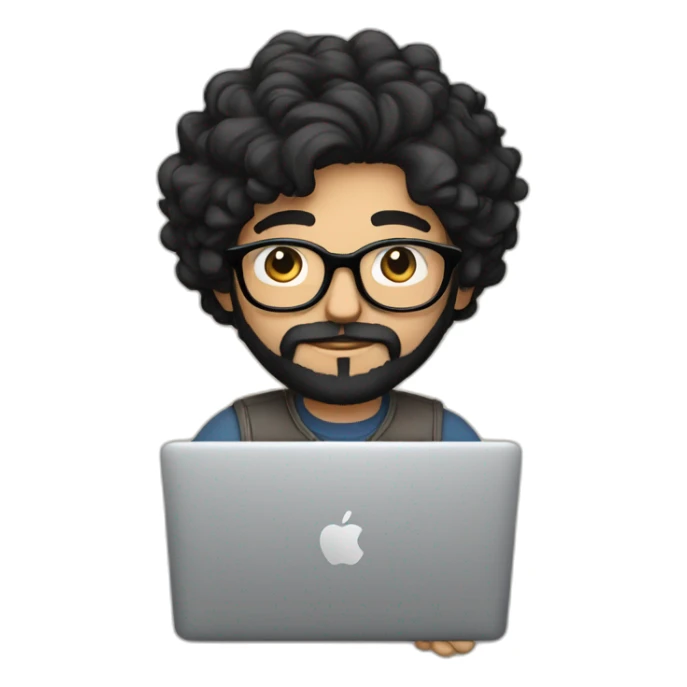 Designer with black hair, beard and glasses working with MacBook and drinking cappuccino  sticker