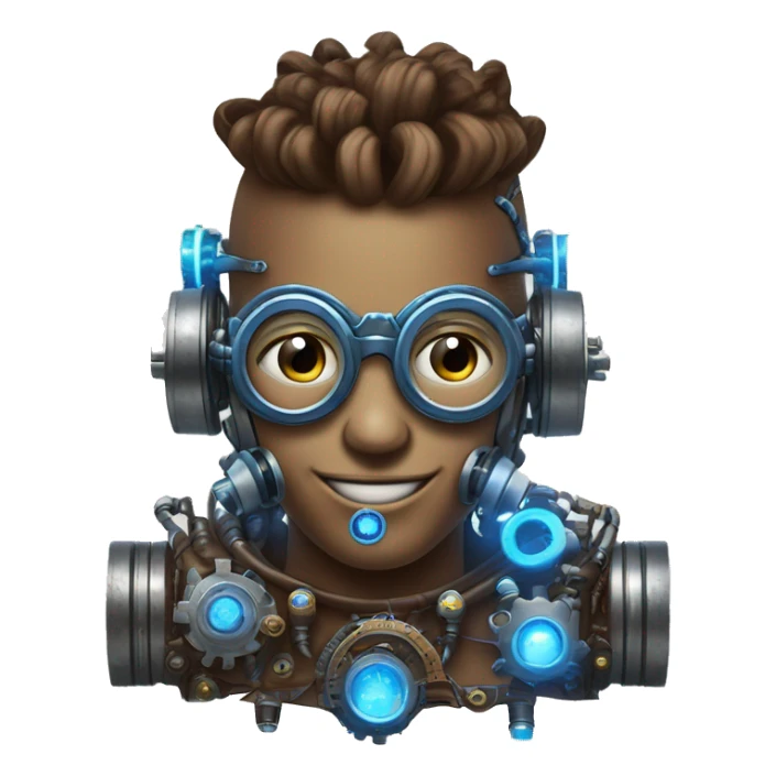 Brown cyborg head with blue Mohawk, blue beard, silver steampunk monocle goggles a smile and circuits sticker