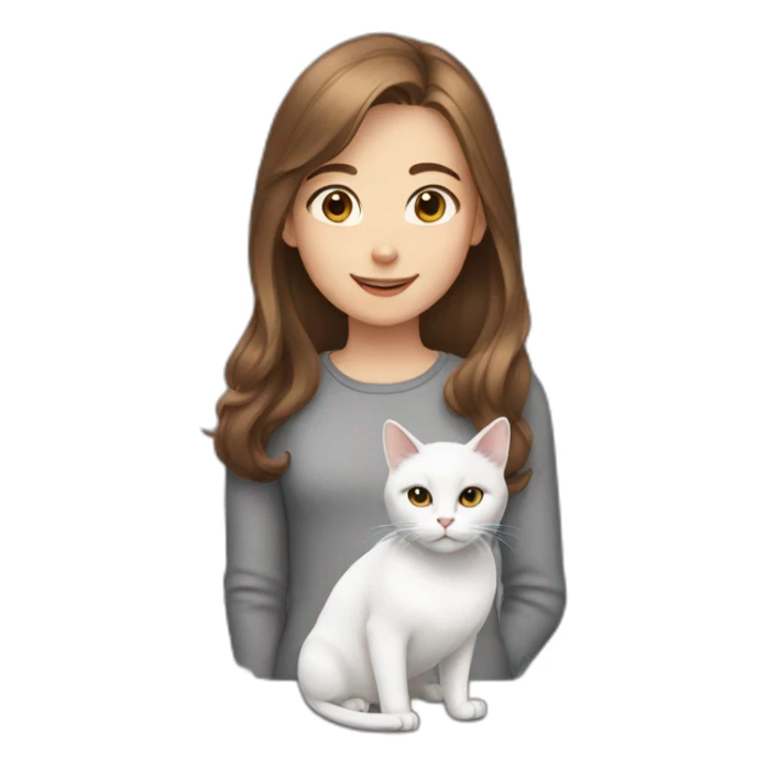 a girl with brown hair, a white cat and a gray cat sticker