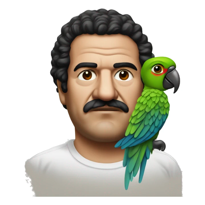 Parrot in t-shirt with Pablo Escobar  sticker