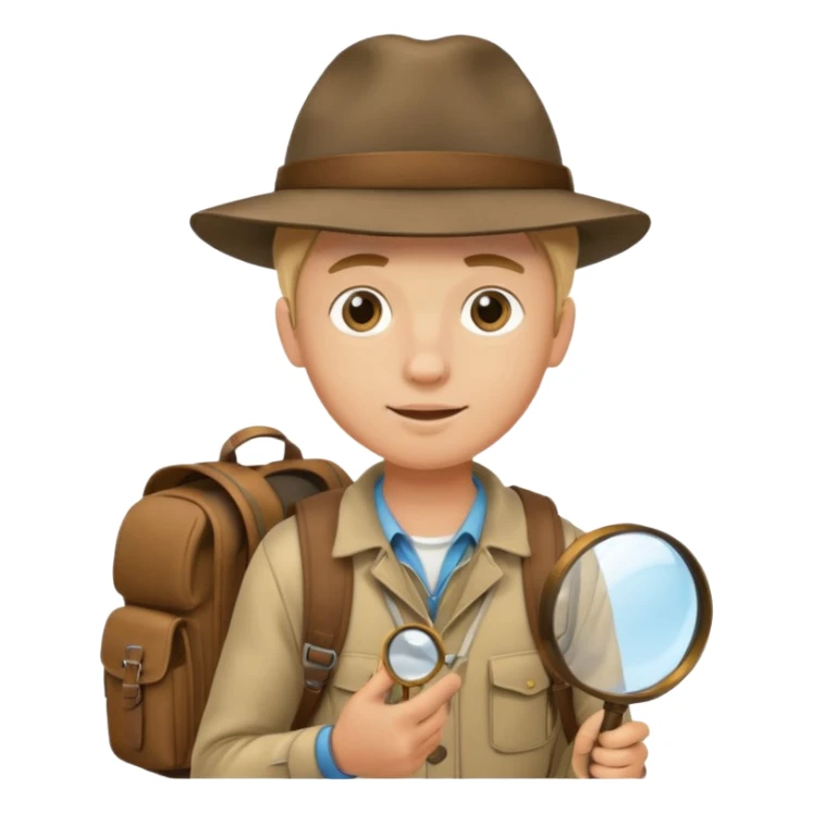 Explorer young man with hat and magnifying glass and backpack, portrait sticker