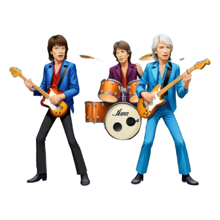Icon for Rock Music: The Rolling Stones live on stage with Mick Jagger performing vocals, Keith Richards playing guitar, and Charlie Watts on drums. Iconic stage lights, electric guitars, and energetic crowd. Transparent background. sticker