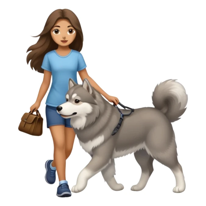 A girl with long brown hair walks a gray Alaskan sticker